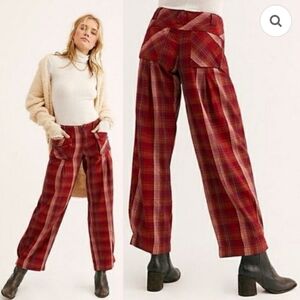 Free People "BIRCH" WIDE LEG Plaid Pants in Poppy Combo 10 NWOT